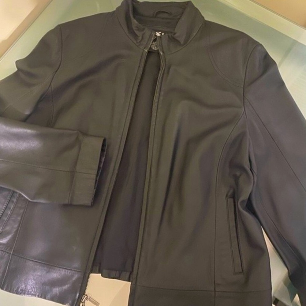 BLACK Leather Moto Bomber Jacket Size XL